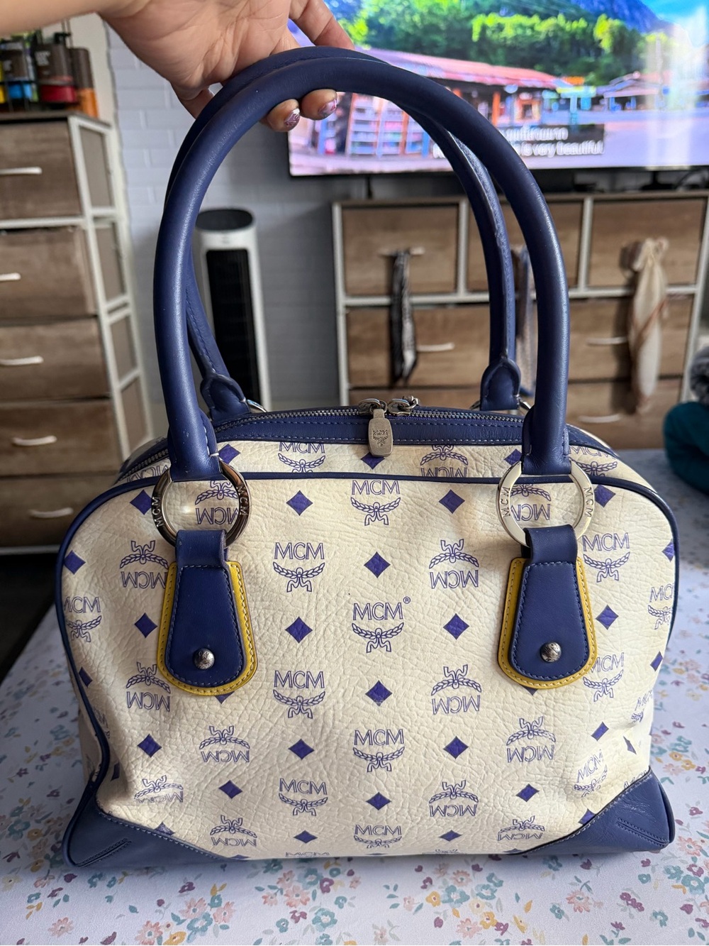 MCM Cream Satchel with Blue Trim and Yellow Accents - Picture 2 of 14